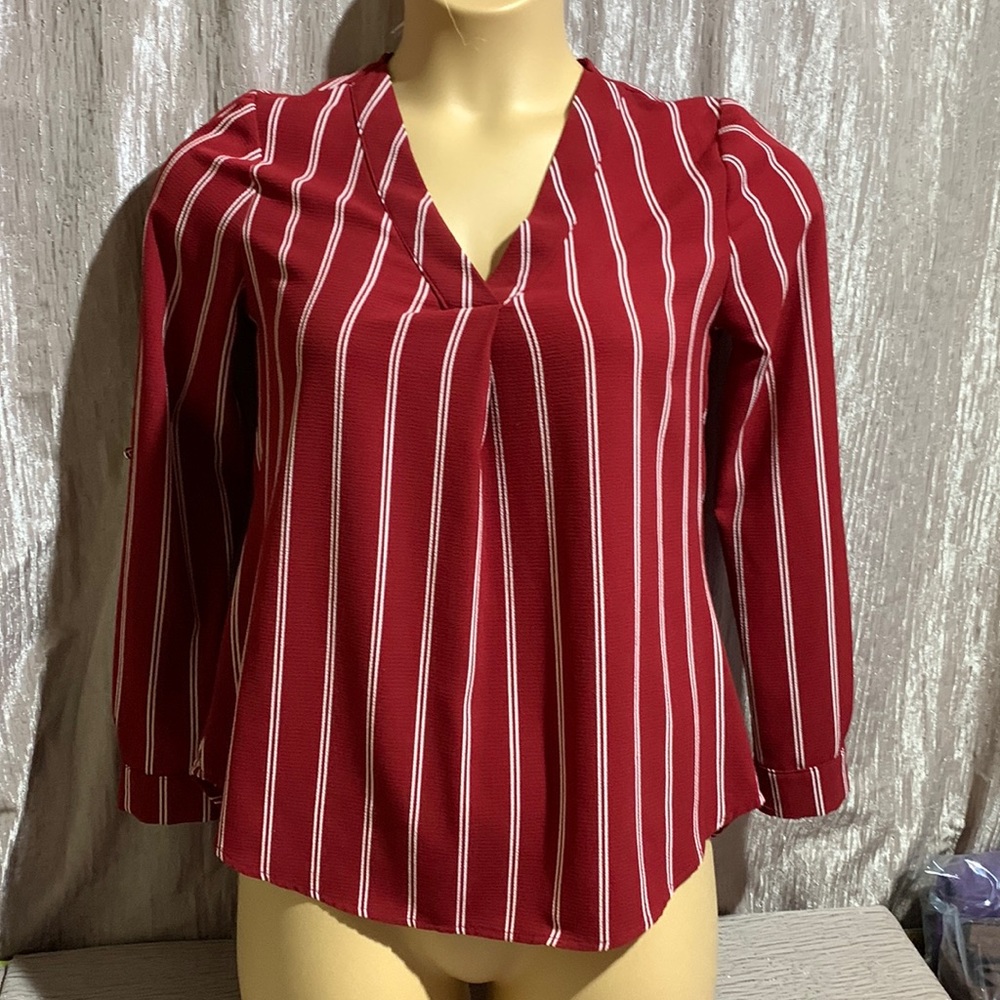 Papaya Top Blouse Dark Red/Burgundy Cream Stripes Size S